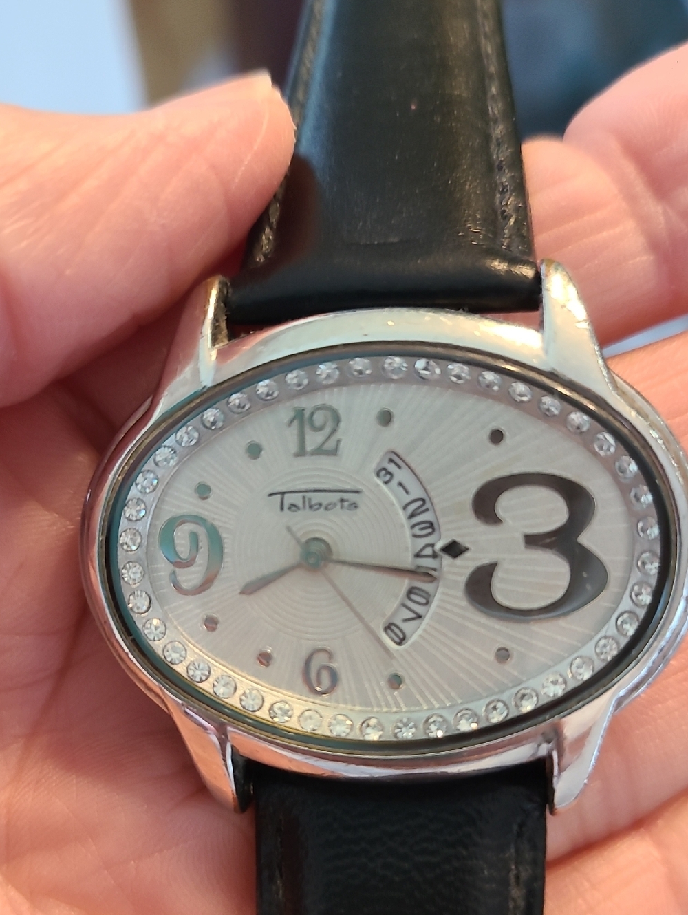 Talbots Silver-Tone Crystal Oval Watch with Black Strap